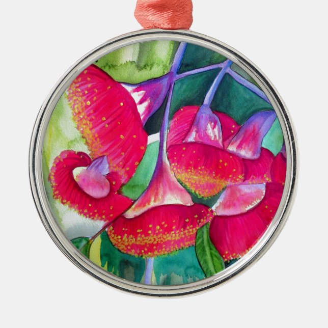 Australische rote blühende gumnuts Aquarellkunst Silbernes Ornament (Vorne)