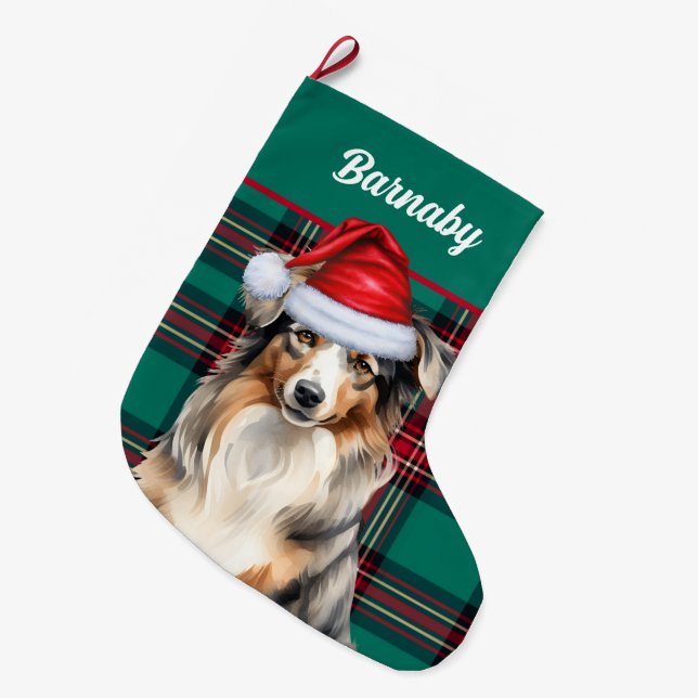 Australische Schäferhirte grün Kariert mit Dog's N Großer Weihnachtsstrumpf (Vorderansicht (hängend))