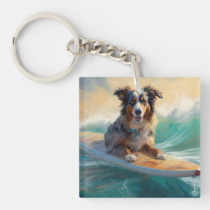 Australische Schäferhund-Strand-Surfing-Malerei Schlüsselanhänger