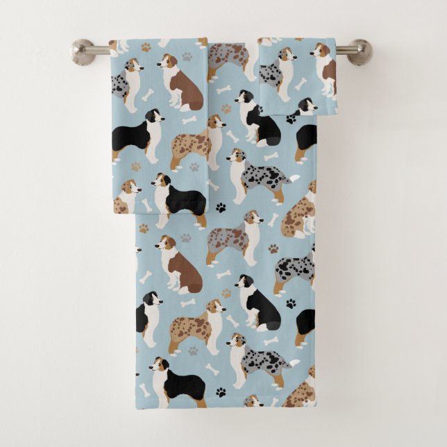 Australische Schäferknochen und Paws Blue Bath Tow Badhandtuch Set (Insitu)