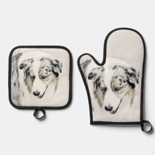 Australische Shepherd Painting Blue Merle Dog Art Ofenhandschuh & Topflappen-Set