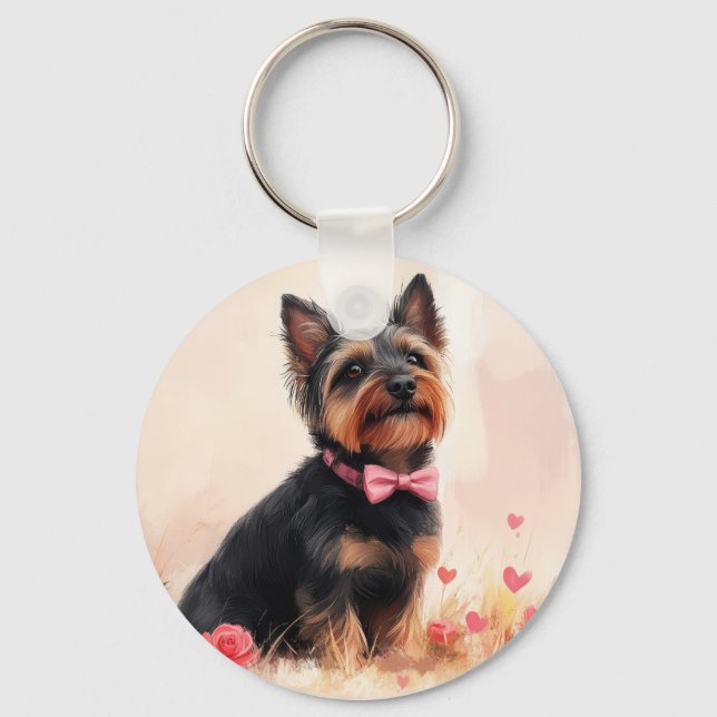 Australische Terrier mit Rose - Valentinstag Schlüsselanhänger (Vorderseite)