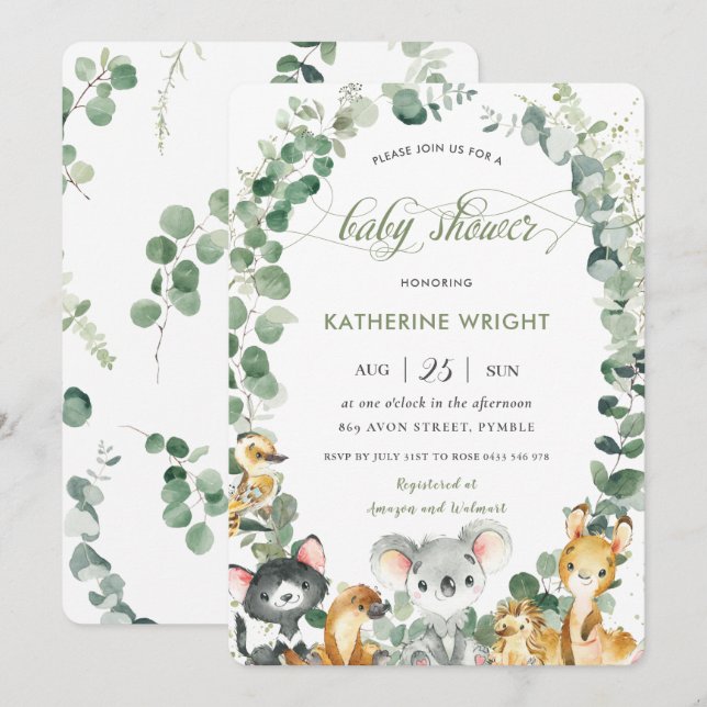 Australische Tiere Eucalyptus Greenery Baby Shower Einladung (Vorne/Hinten)