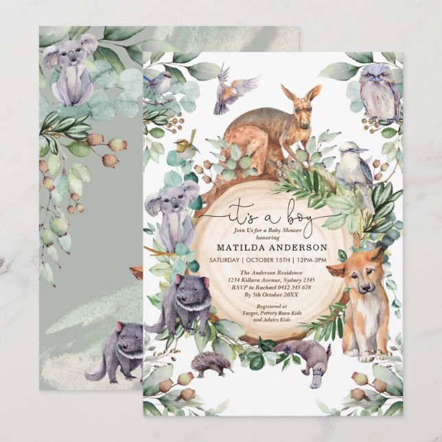 Australische Tiere Grüne Eucalyptus Baby Dusche Einladung (Vorne/Hinten)