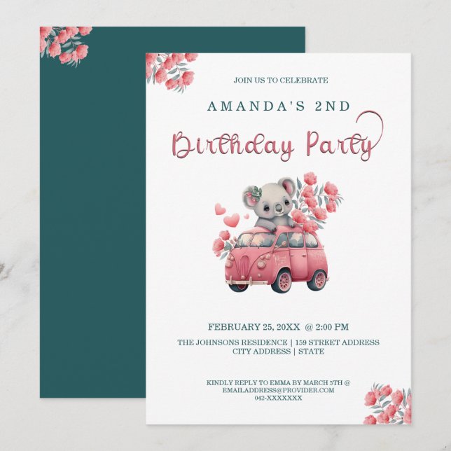 Australische Tiere Koala Blue BIRTHDAY Einladung (Vorne/Hinten)