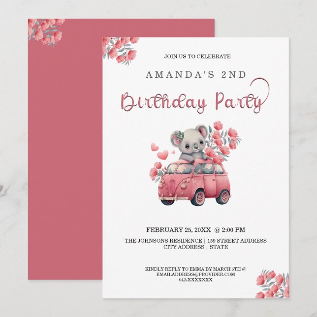 Australische Tiere Koala Pink BIRTHDAY Einladung (Vorne/Hinten)