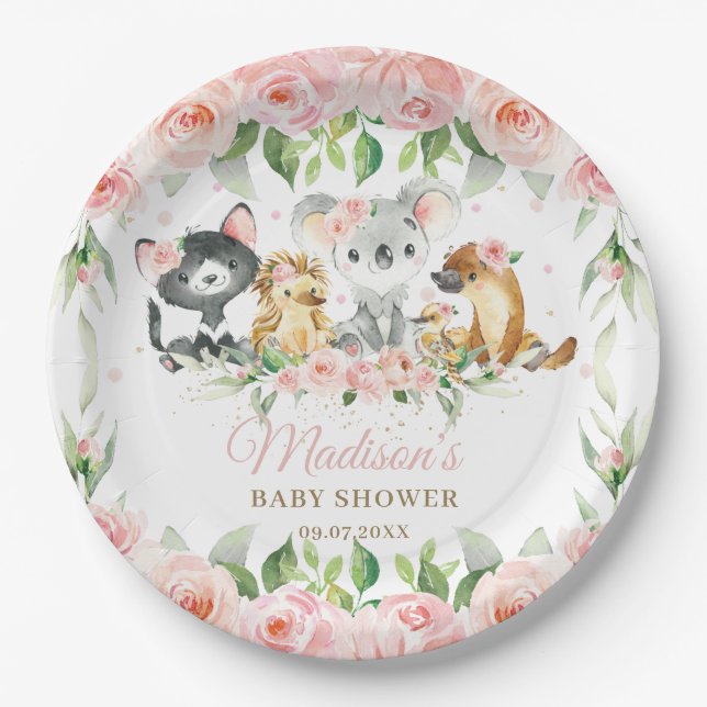 Australische Tiere Pink Floral Girl Baby Dusche   Pappteller (Vorderseite)
