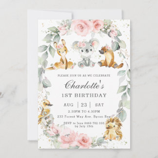 Australische Tiere Pink Floral Sage Geburtstagspar Einladung