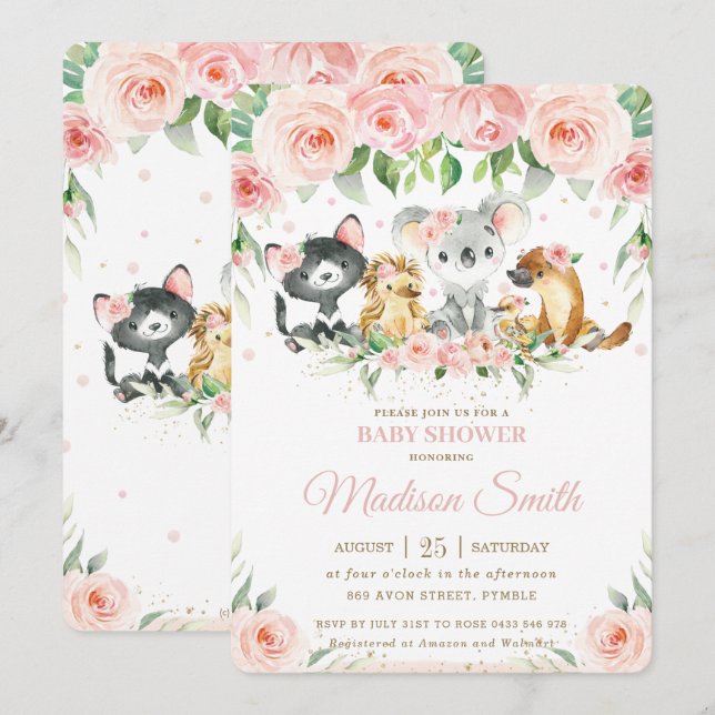 Australische Tiere Rosa Blush Floral Baby Dusche Einladung (Vorne/Hinten)