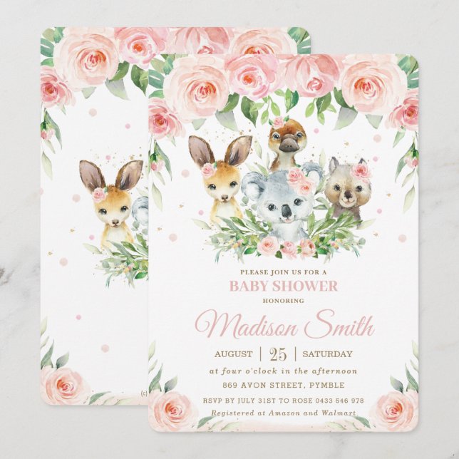 Australische Tiere Rosa Blush Floral Baby Dusche Einladung (Vorne/Hinten)