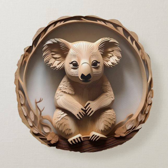 Australischer Baumhugger: Koala Bärenholz Print Rundes Kissen (Vorderseite)