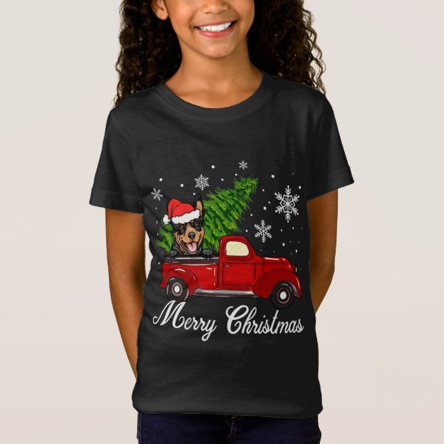Australischer Kelpie Dog Riding Red Truck Weihnach T-Shirt (Vorderseite)