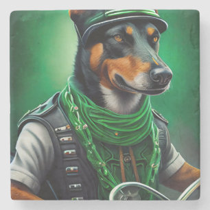 Australischer Kelpie fährt Fahrrad am St. Patrick' Steinuntersetzer