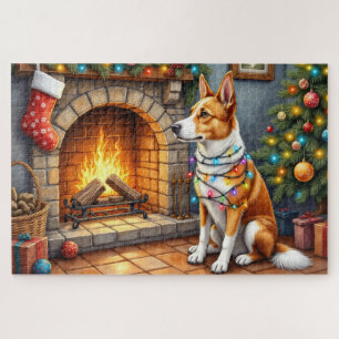 Australischer Kelpie Kamin mit Weihnachtslichtern