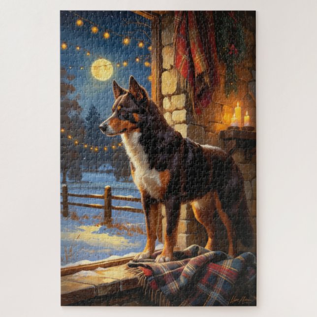Australischer Kelpie mit Weihnachtslichtern Feiert (Vertikal)