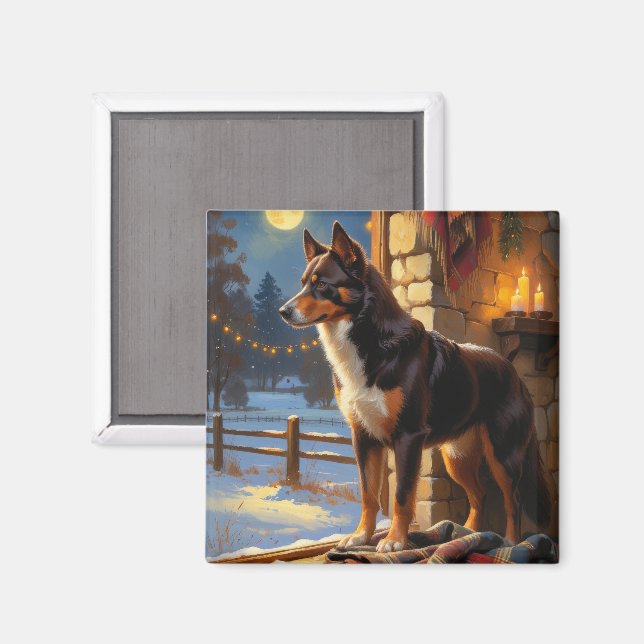 Australischer Kelpie mit Weihnachtslichtern Feiert Magnet (Vorderseite/Rückseite)