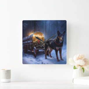 Australischer Kelpie Schneeschlitten Weihnachtsdek Quadratische Wanduhr