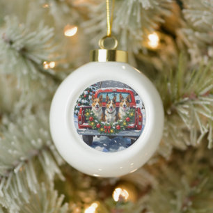 Australischer Kelpie Weihnachten Rotes Lastwagen U Keramik Kugel-Ornament