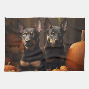 Australischer Kelpie Welpe Herbstvergnügen Kürbis Geschirrtuch