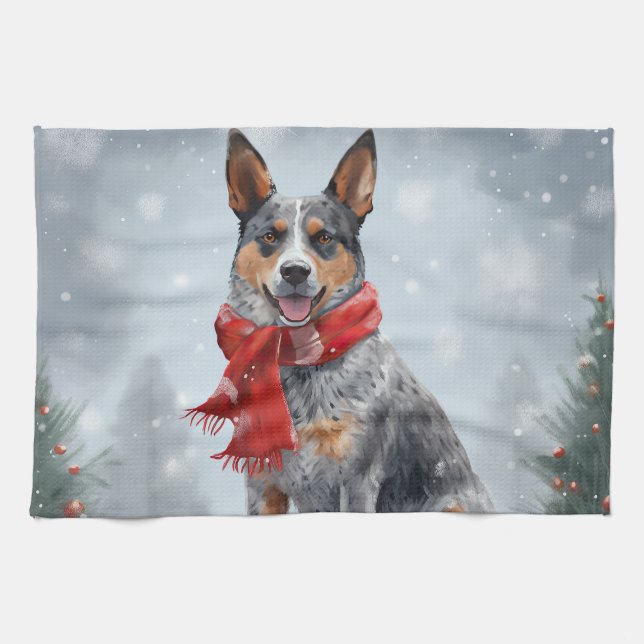 Australischer Rinderhund im Schnee Weihnachten Geschirrtuch (Horizontal)
