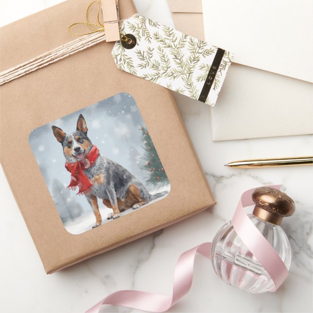 Australischer Rinderhund im Schnee Weihnachten Quadratischer Aufkleber (Schenken)