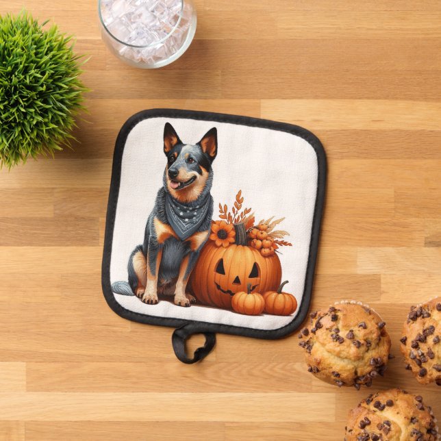 Australischer Rinderhund neben einem Jack-O-Lanter Topflappen (Oben Unten)