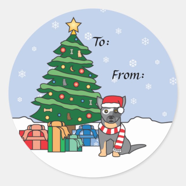 Australischer Rinderhund und Weihnachtsbaum Runder Aufkleber (Vorderseite)