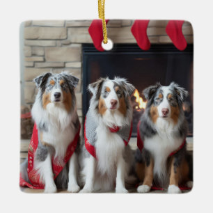 Australischer Schäferhund am Feuerplatz Weihnachte Keramikornament