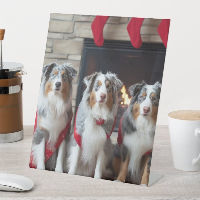 Australischer Schäferhund am Feuerplatz Weihnachte Sockelschild (In Situ)