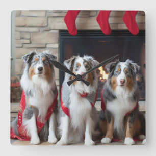 Australischer Schäferhund am Kamin Weihnachten Quadratische Wanduhr