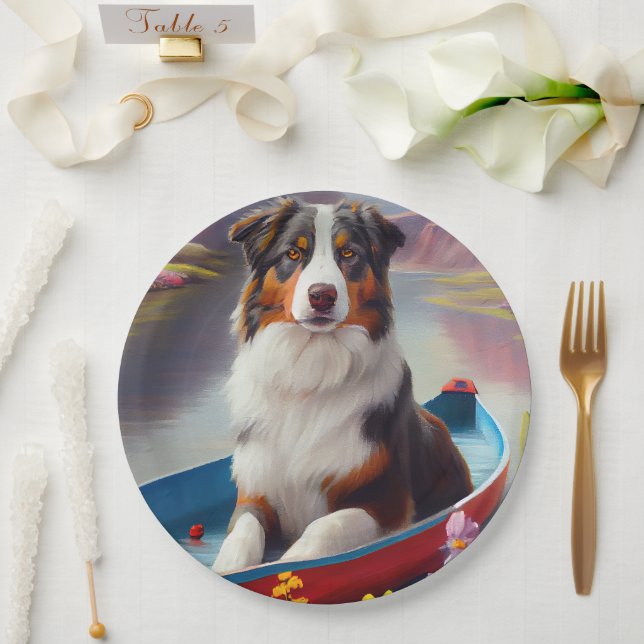 Australischer Schäferhund auf Paddle: Ein Landscha Pappteller (Hochzeit)
