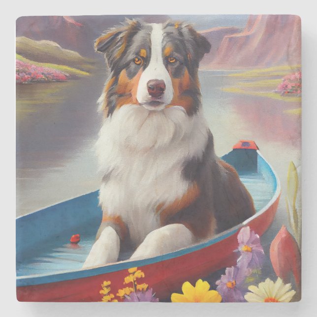 Australischer Schäferhund auf Paddle: Ein Landscha Steinuntersetzer (Vorderseite)