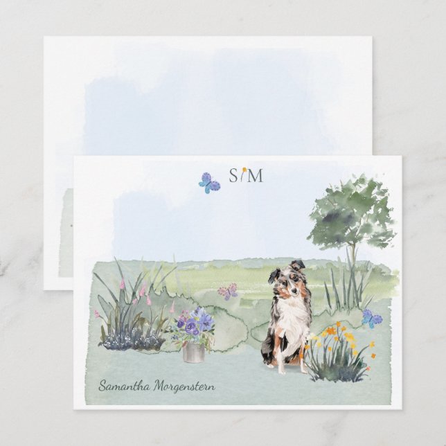 Australischer Schäferhund Dog Butterfly Monogram N Mitteilungskarte (Vorne/Hinten)