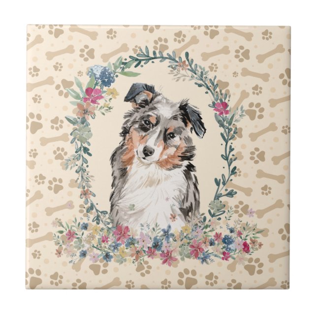 Australischer Schäferhund Dog Paw Print Floral Nie Fliese (Vorderseite)