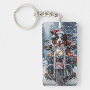 Australischer Schäferhund fährt Motorrad Weihnacht Schlüsselanhänger