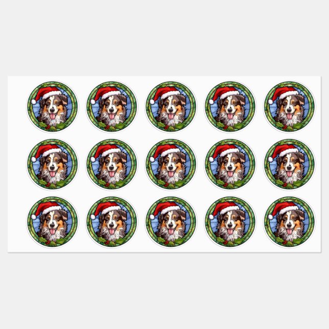 Australischer Schäferhund Festglass Weihnachten Etiketten (Blatt)