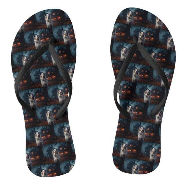 Australischer Schäferhund Halloween Beängstigend Flip Flops (Fußbett)