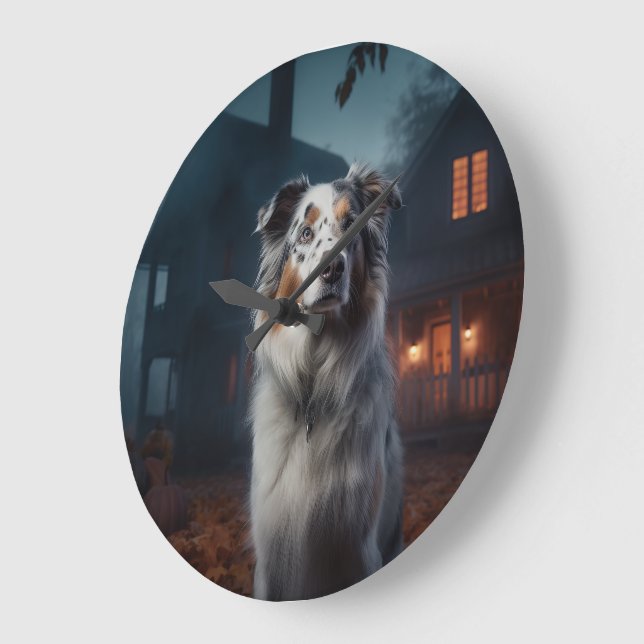 Australischer Schäferhund Halloween Beängstigend Große Wanduhr (Winkel)