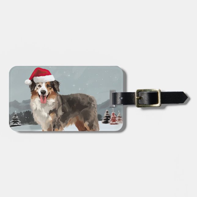 Australischer Schäferhund Hund im Schnee Weihnacht Gepäckanhänger (Vorderseite horizontal)