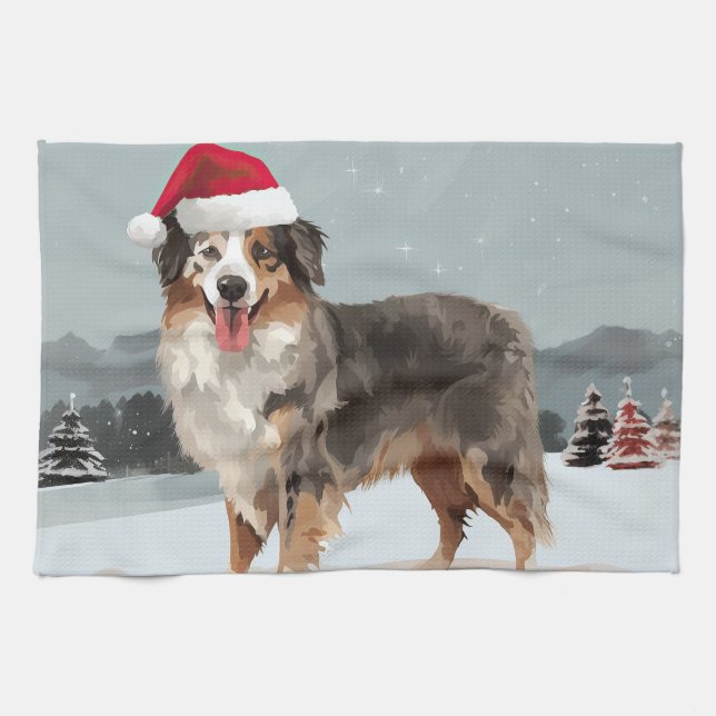 Australischer Schäferhund Hund im Schnee Weihnacht Geschirrtuch (Horizontal)