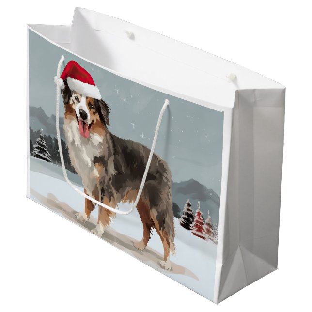 Australischer Schäferhund Hund im Schnee Weihnacht Große Geschenktüte (Vorderseite Schrägansicht)