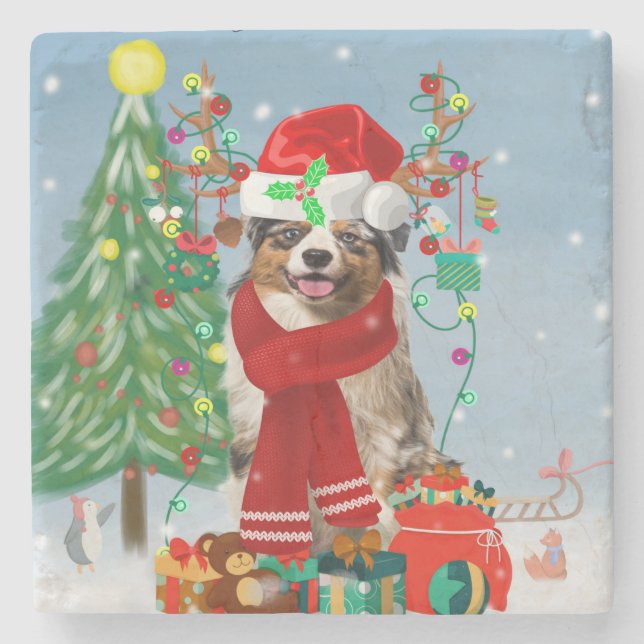 Australischer Schäferhund Hund im Schnee Weihnacht Steinuntersetzer (Vorderseite)