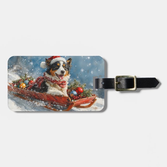 Australischer Schäferhund Hund in Sledge Chriistma Gepäckanhänger (Vorderseite horizontal)
