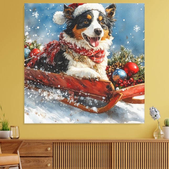 Australischer Schäferhund Hund in Sledge Chriistma Leinwanddruck (Insitu (Wohnzimmer))