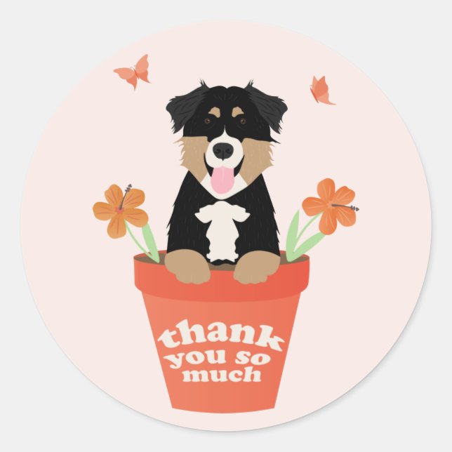 Australischer Schäferhund in Blume Pot Danke Runder Aufkleber (Vorderseite)