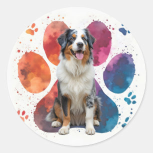 Australischer Schäferhund in einem Pawprint Runder Aufkleber