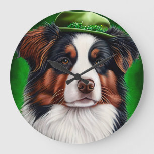 Australischer Schäferhund in St. Patrick's Day-Kle Große Wanduhr