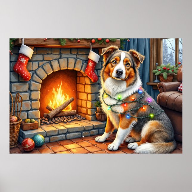 Australischer Schäferhund Kamin mit Weihnachtslich Poster (Vorne)
