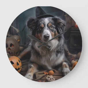 Australischer Schäferhund Kürbisse Halloween Gruse Große Wanduhr