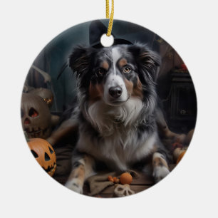 Australischer Schäferhund Kürbisse Halloween Gruse Keramik Ornament